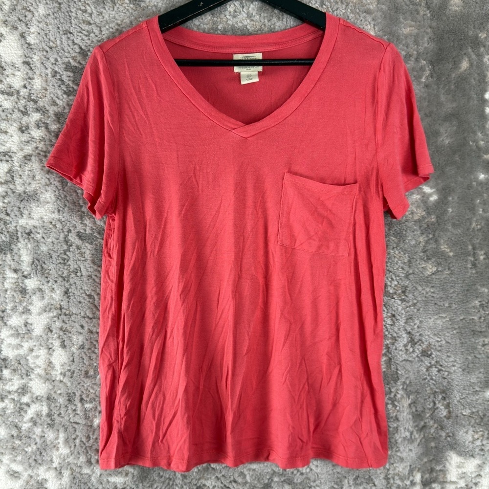 Telluride Size S Minimalist V Neck Casual Top Pink Short Sleeve Pocket Stretch